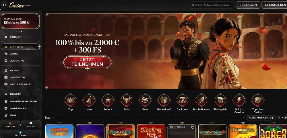 Casina Casino-Startseite mit einem Banner im Stil einer spanischen Arena mit einem Mann und einer Frau in traditioneller Kleidung, der einen 100 % Willkommensbonus bis zu 2.000 € und 300 Freispiele bietet. Die dunkle Oberfläche enthält Navigation für Casino, Live-Casino, Sportwetten, Turniere und Spielautomaten wie Book of Ra und Midas Golden Touch.