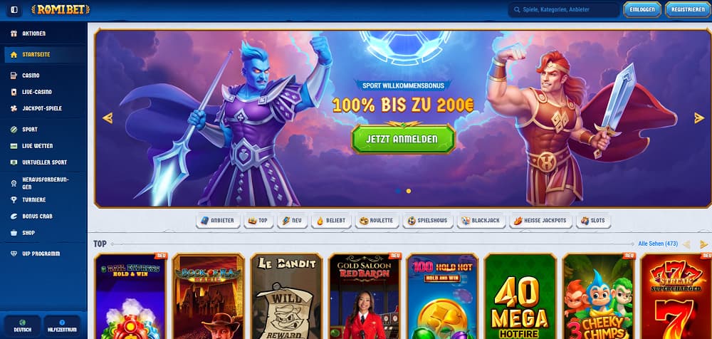 Romibet Casino-Startseite mit lebhaftem Design und animierten roten und blauen Kriegern, die einen 100 % Sportbonus bis zu 200 € bewerben. Die Oberfläche bietet Navigation für Casino, Live-Spiele, Jackpots, Sportwetten, Turniere und Top-Slots wie Book of Dead und Reel Rush.